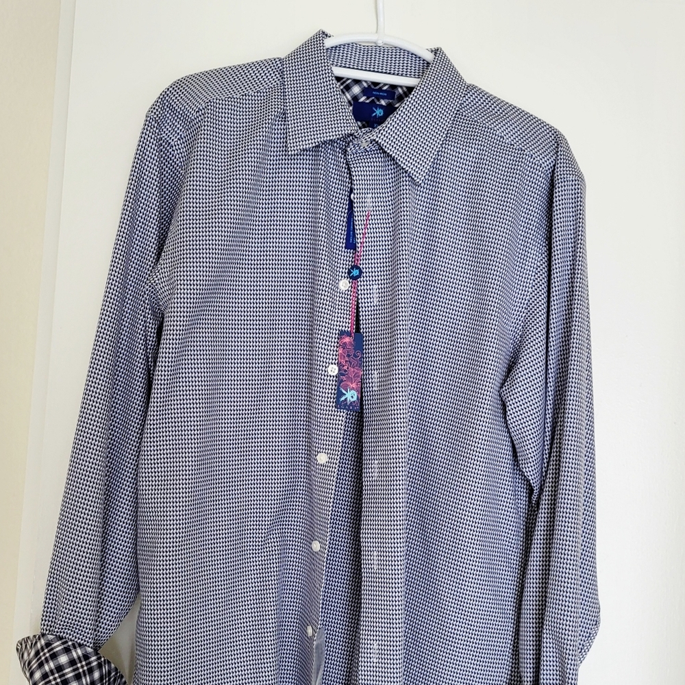 Agara Men's XL Blue White Checkered Dress Shirt Plaid Cuff No Iron NWT